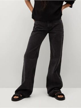 Mango Women 10 Black Raw Hem Button Fly Ariadna High Waist Wide Leg Jeans NWT